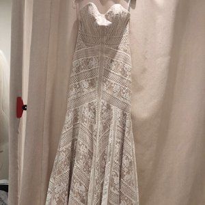 ivory/almond, ivory lace, sequins throughout dress, strapless